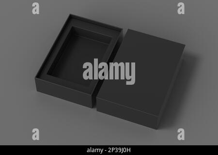 Open black box packaging mockup on gray background. Template for your design Stock Photo