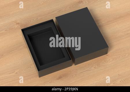 Open black box packaging mockup on wooden background. Template for your design Stock Photo