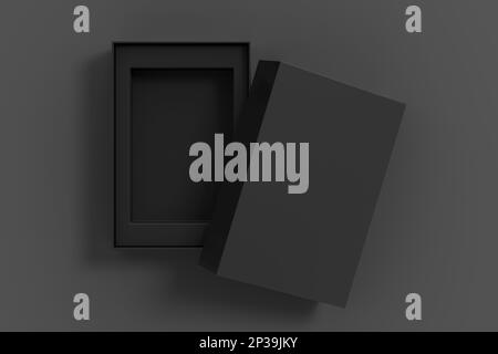 Open black box packaging mockup on gray background. Template for your design Stock Photo