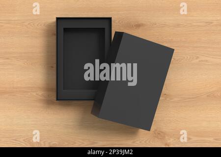 Open black box packaging mockup on wooden background. Template for your design Stock Photo