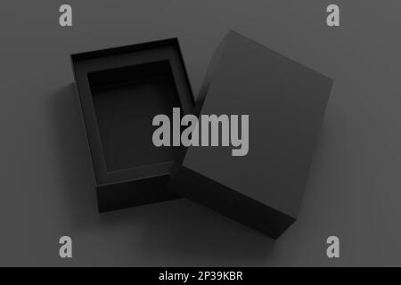 Open black box packaging mockup on gray background. Template for your design Stock Photo