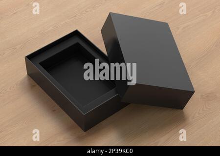 Open black box packaging mockup on wooden background. Template for your design Stock Photo