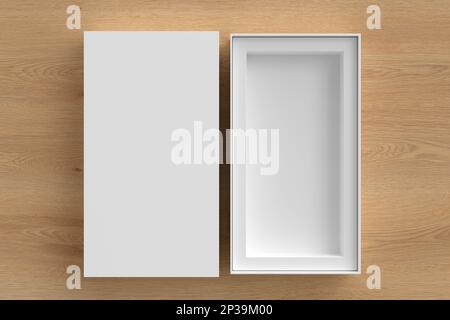 Long open box packaging mockup on wooden background. Template for your design Stock Photo