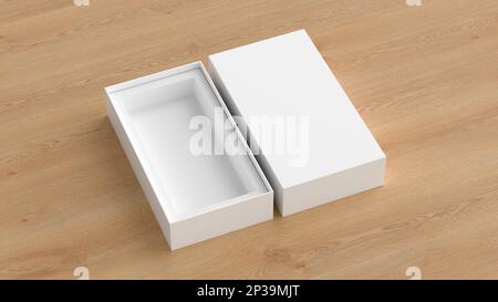 Long open box packaging mockup on wooden background. Template for your design Stock Photo
