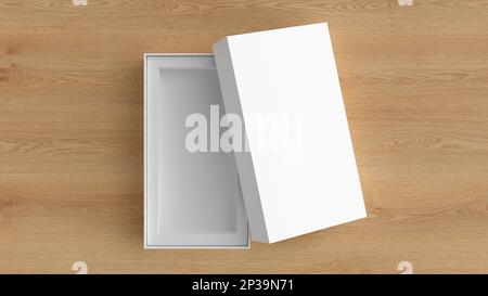 Long open box packaging mockup on wooden background. Template for your design Stock Photo