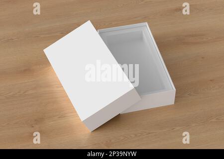Long open box packaging mockup on wooden background. Template for your design Stock Photo