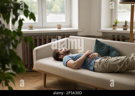Exhausted peaceful sleepy young woman lying on back on couch Stock Photo
