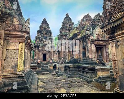 The inner compund of the elaborate 10th century Banteay Srey temple within the Angkor area near Siem Reap in Cambodia. Stock Photo