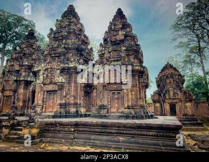 The inner compund of the elaborate 10th century Banteay Srey temple within the Angkor area near Siem Reap in Cambodia. Stock Photo