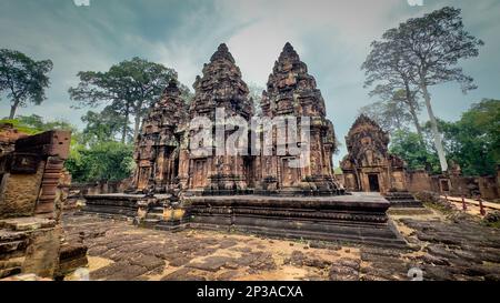 The inner compund of the elaborate 10th century Banteay Srey temple within the Angkor area near Siem Reap in Cambodia. Stock Photo