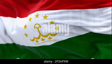 Detail of the Tajikistan national flag waving. Red-white-green stripes with a central crown and seven stars. Fabric textured background. Selective foc Stock Photo