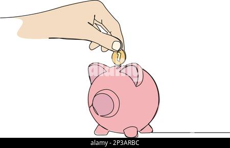 colored continuous single line drawing of hand inserting coin into piggy bank, saving money line art vector illustration Stock Vector