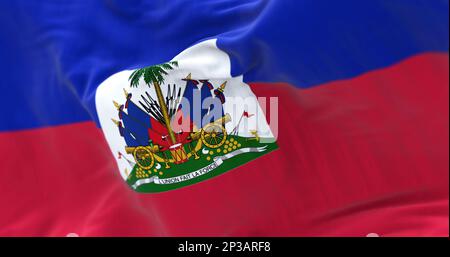 Detail of the Haiti national flag waving. Blue and red horizontal bands with the haitian coat of arms in a white square. 3d illustration render. Selec Stock Photo