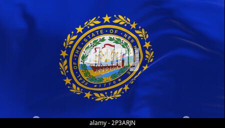 Detail of New Hampshire state flag waving. New Hampshire state seal on a dark blue field. US state flag. Rippled fabric. 3d illustration render. Close Stock Photo