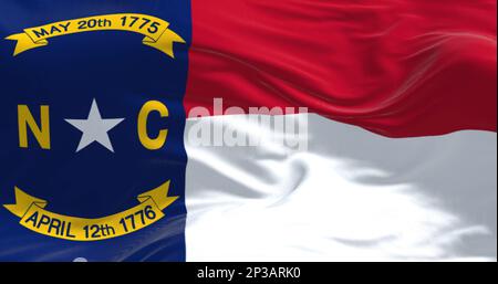 North Carolina state flag waving. North Carolina is a state in the Southeastern region of the United States. Rippled fabric. 3d illustration render. C Stock Photo