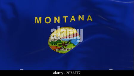 Close-up of Montana state flag waving. Blue flag with coat of arms in the center. 3d illustration render. Close-up. Textured fabric background Stock Photo