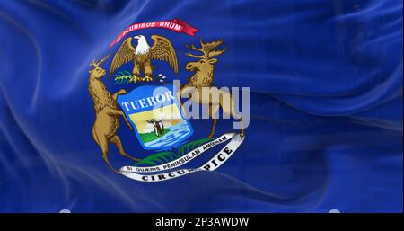 Detail of Michigan state flag waving. Dark blue flag with state coat of arms featuring an eagle, an elk and a moose. 3d illustration render. Selective Stock Photo