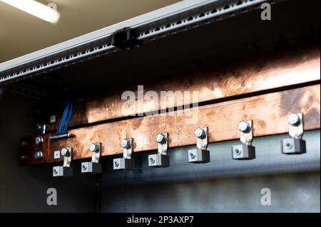 Electrician at work, electric components, electrical voltage, electrical wire, high voltage Stock Photo