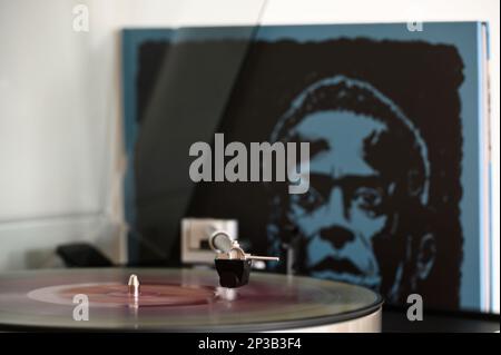 Colored vinyl on the record player Stock Photo