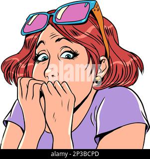 Surprise with an offer or service. Fear of the unknown. The girl with glasses reacted emotionally to what she saw. Stock Vector