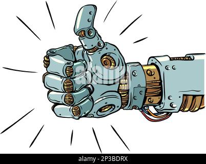 Artificial intelligence is ready to help and do cool. Symbol, thumbs up sign. Mechanical steel arm shows class. Stock Vector