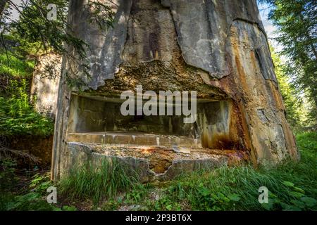 Abandoned, destoyed concrete bunker with embrasure in summer forest.Entrance to the bunker. Dolomites, Italy Stock Photo