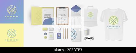 Logo and corporate identity mockup with folder, business card, form A4 and paper bag. Blue and yellow branding colors and circle minimal logo. Stock Vector