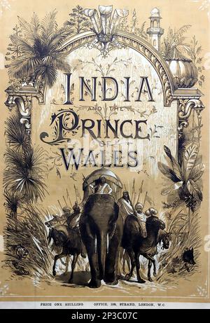 1875 Illustrated London News Supplement: India and Prince of Wales. Front cover illustration, unattributed, Indian elephants in a decorative frame. Stock Photo