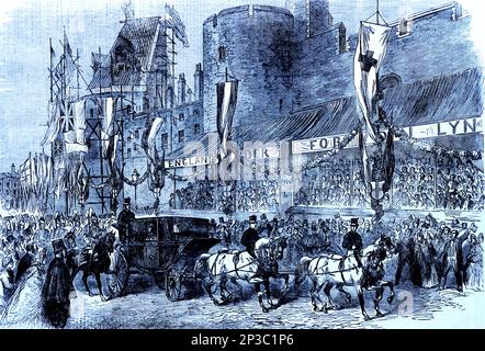 The Royal Party Passing the Curfew Tower in Windsor, an illustration from the Illustrated London News, March 21st 1863. Stock Photo