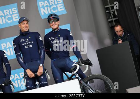Swiss Stefan Kung of Groupama-FDJ (R) pictured at the team presentation ahead of the first stage of 81st edition of the Paris-Nice eight days cycling stage race, from and to La Verriere (169,4km), Sunday 05 March 2023. BELGA PHOTO DAVID PINTENS Stock Photo