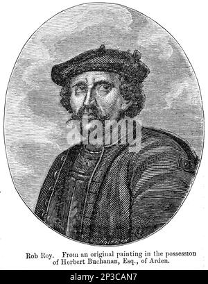 Robert Roy MacGregor (Scottish Gaelic: Raibeart Ruadh MacGriogair; 7 March 1671 – 28 December 1734) was a Scottish outlaw, who later became a folk hero. from the book ' A history of the Scottish Highlands, Highland clans and Highland regiments ' Volume 2 by Maclauchlan, Thomas, 1816-1886; Wilson, John, 1785-1854; Keltie, John Scott, Sir, 1840-1927 Publication date 1875 publisher Edinburgh ; London : A. Fullarton Stock Photo