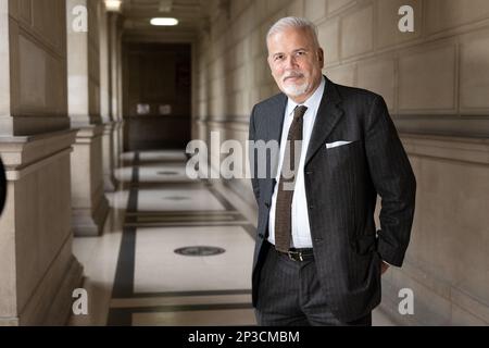 Lawyer, Philippe de Veulle poses during a session photo at his office in Paris, on March 03, 2023, Paris, France Stock Photo