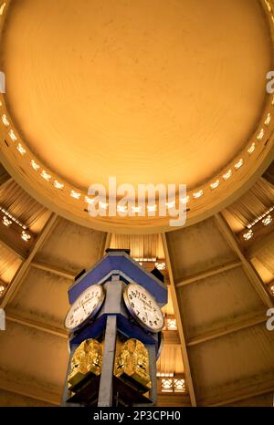 Looking up to the roof and  clock of the art deco Central Market in Phnom Penh, Cambodia. Stock Photo