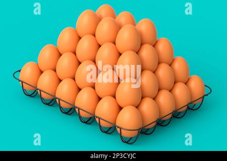 Farm raw organic brown eggs in metal tray or paper cardboard on green background. 3d render of fresh chicken eggs for omelet or scrambled fried egg fo Stock Photo