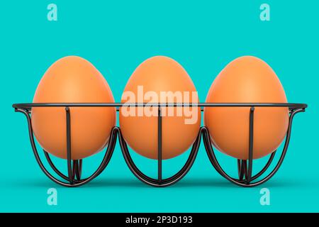Farm raw organic brown eggs in metal tray or paper cardboard on green background. 3d render of fresh chicken eggs for omelet or scrambled fried egg fo Stock Photo