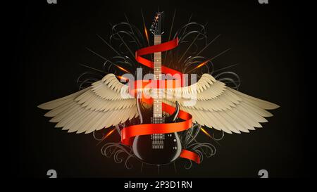 Black glossy electric guitar with angels wings and red ribbon as hard rock metal music symbol. 3D render illustration. Stock Photo