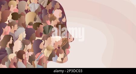 Woman face silhouette in profile with group of multicultural and multiethnic women faces inside.Racial equality anti-racism. Woman who gives voice Stock Vector