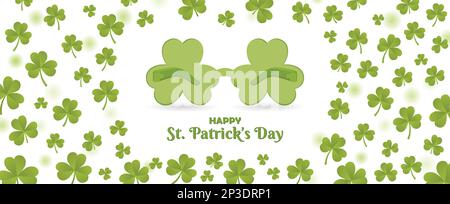 Happy St. Patricks Day Horizontal Background Banner. Unique 90s theme throwback funky party sunglasses vector illustration. Realistic Shamrock leaves Stock Vector