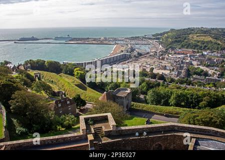 View of The main docks and tower seafront  at Dover from the battlements of the Great Tower of Dover Castle in Dover, Kent, Britain Stock Photo