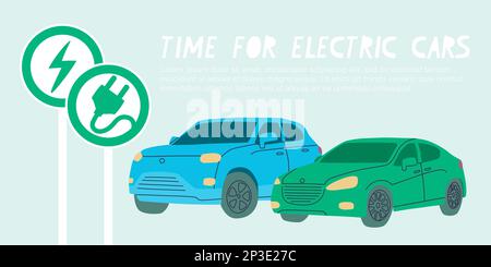 Time for electric cars. Green and blue cars. Electric car priority road sign and charging station sign. Vector flat illustration timed to ban petrol Stock Vector