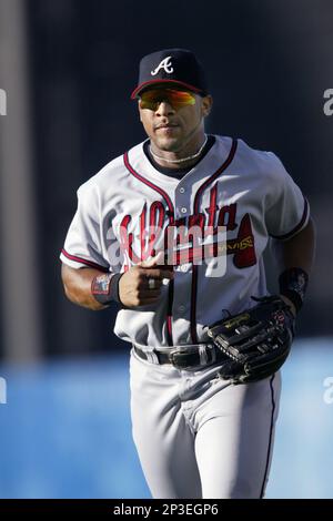 Gary Sheffield of the Atlanta Braves before a 2002 MLB season game against  the Los Angeles Dodgers at Dodger Stadium, in Los Angeles, California.  (Larry Goren/Four Seam Images via AP Images Stock