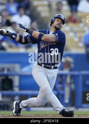 Ryan Klesko of the San Diego Padres before a 2002 MLB season game against  the Los Angeles Dodgers at Dodger Stadium, in Los Angeles, California.  (Larry Goren/Four Seam Images via AP Images