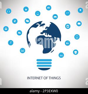 White And Blue Networking Concept Design With Earth Globe, Light Bulb And Various Icons - Internet Of Things Concept Stock Vector