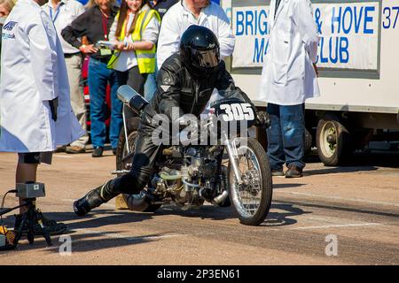 The event is currently run as a quarter mile sprint for both cars and motorcycles, held under the auspices of the Motor Sports Association. The event is organised by the Brighton and Hove Motor Club run along Madeira Drive, Brighton Sea Front, City of Brighton & Hove, UK. 1st September 2018 Stock Photo