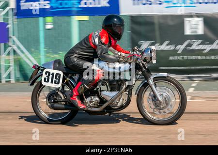The event is currently run as a quarter mile sprint for both cars and motorcycles, held under the auspices of the Motor Sports Association. This image features Kim Wheatley riding a Triton. The event is organised by the Brighton and Hove Motor Club run along Madeira Drive, Brighton Sea Front, City of Brighton & Hove, UK. 1st September 2018 Stock Photo