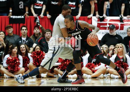 February 18th 2015: Cincinnati Bearcats guard Troy Caupain (10) dribbles  the ball during the NCAA mens basketball game between Xavier Musketeers and  the Cincinnati Bearcats at Fifth Third Arena in Cincinnati, OH.