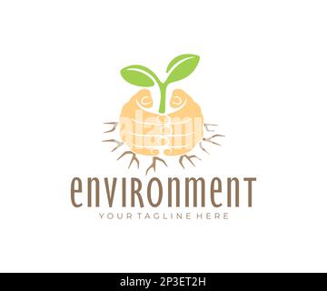 Hands protect the sprout from drought, nature and plant, logo design. Environment, environmental protection, agriculture and agricultural, vector Stock Vector