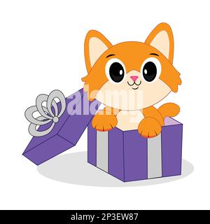 Cat in gift box, Kitten in a cardboard box. is looking out of a box cartoon vector illustration Stock Vector