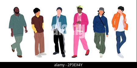 Set of Street fashion men vector illustrations.  Stock Vector