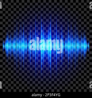 Oscillating blue sound wave. Vector audio light effect. Glowing soundtrack, signal, radio waves isolated on transparent background. Stock Vector